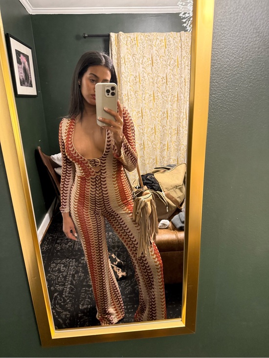 Fashion Nova Pants - Womens Deep V-Neck Crochet Jumpsuit in Rust & Cream